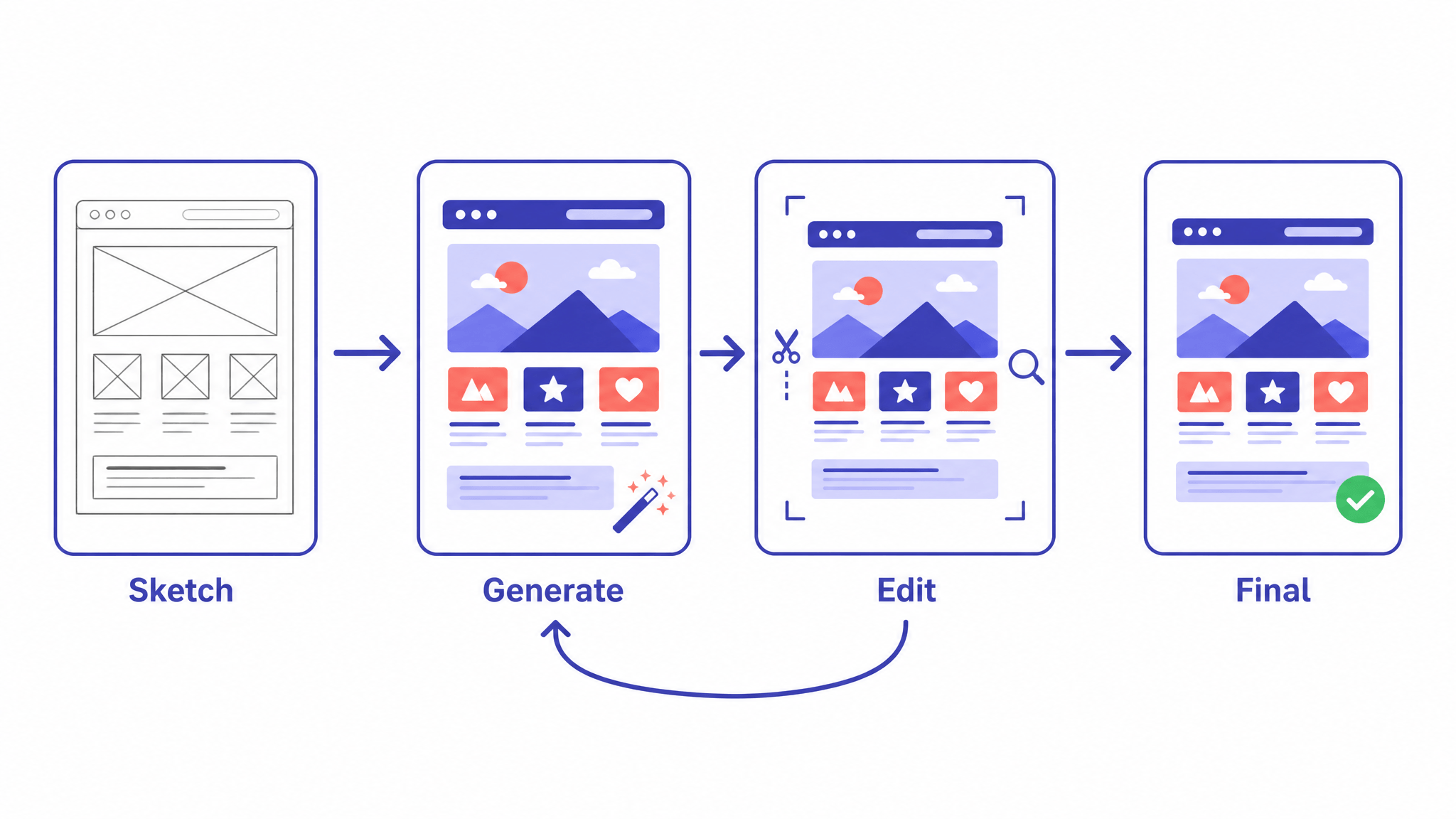 Simple diagram of the generation-to-editing loop: a sketch is generated into a base image, editing tools refine it, and the final image ships