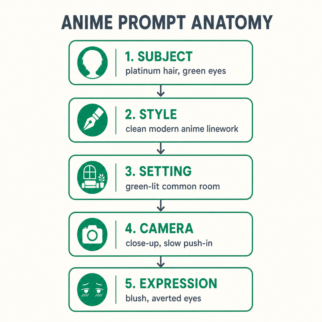 Diagram of an anime image prompt anatomy with five labeled blocks: subject, style, setting, camera, and expression.
