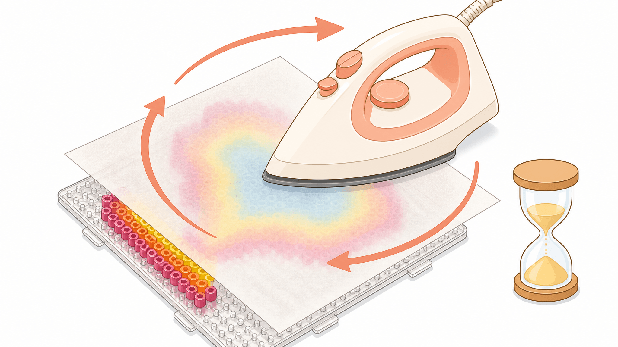 Fuse-bead ironing diagram: an iron glides in circles over ironing paper on a pegboard, labeled 10 to 20 seconds per side