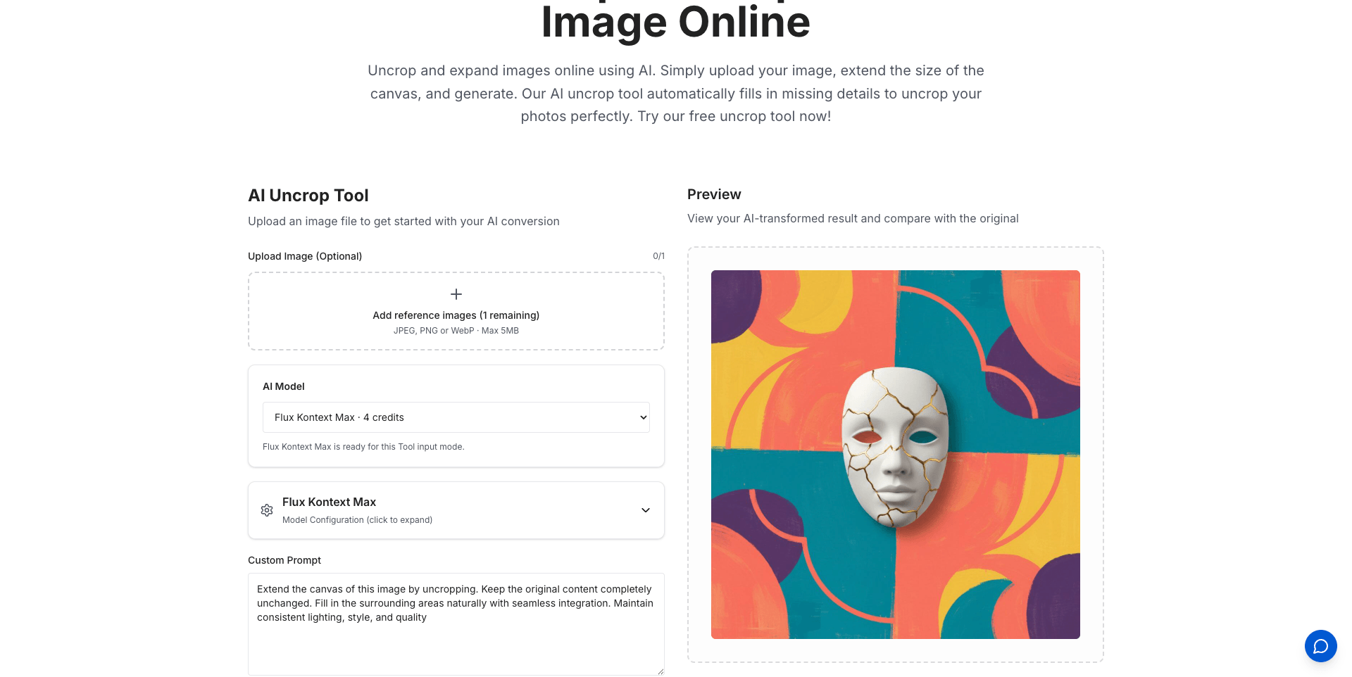 SketchTo's AI Uncrop Tool editor with the upload area, a model selector showing 'Flux Kontext Max · 4 credits', and the extend-canvas prompt