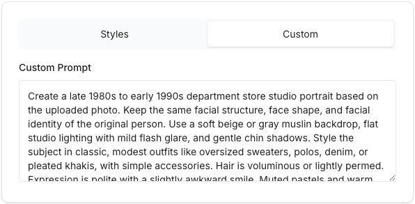 The Custom tab of the Retro 80s Style Generator, showing the free-form prompt input