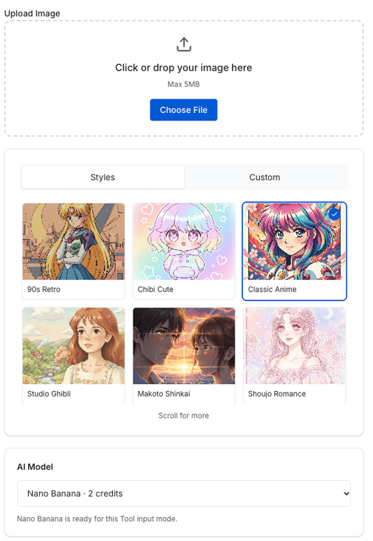 The SketchTo Anime Style Generator interface with the upload card, anime style preset buttons, and the model picker.
