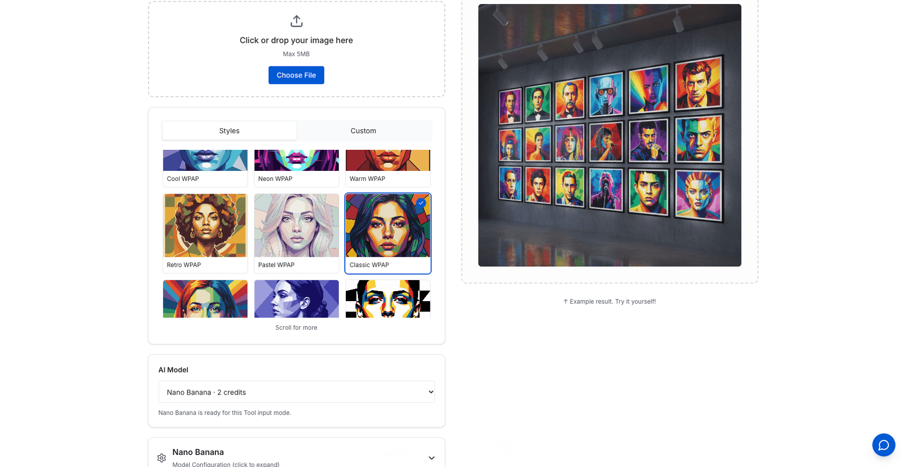 The color palette picker on SketchTo's WPAP Pop Art tool page with nine geometric pop art palettes