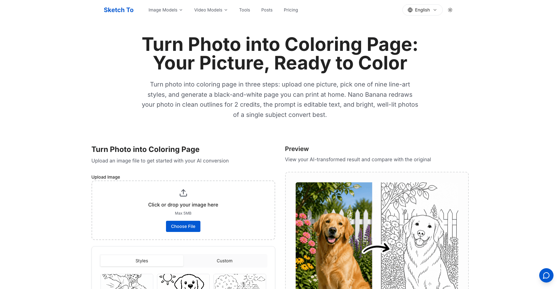 SketchTo 的 Turn Photo Into Coloring Page 工具页,提供九种线稿风格,将照片转换为黑白涂色页