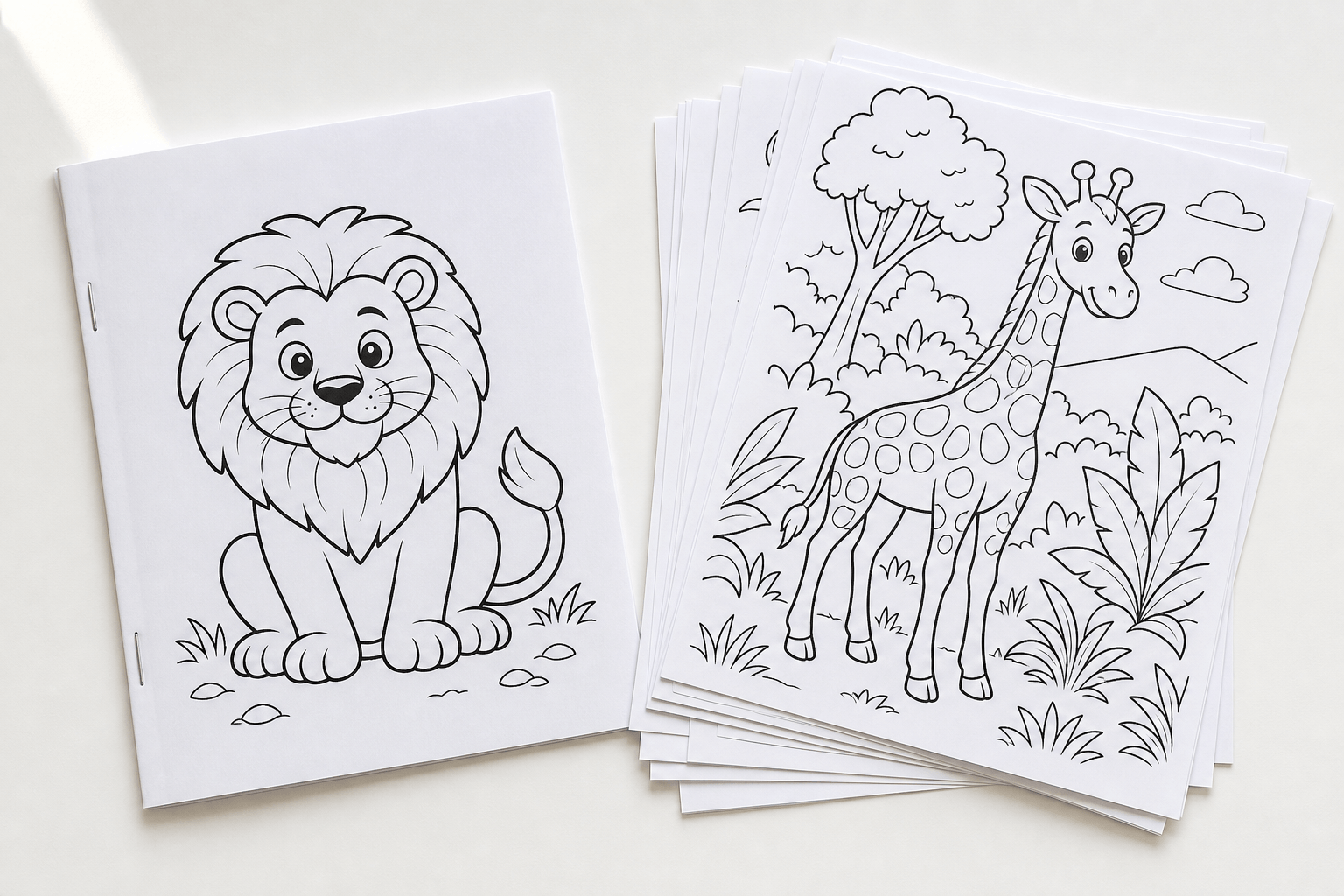 A stapled homemade coloring book made from printed letter-size sheets next to a stack of loose printed line-art pages