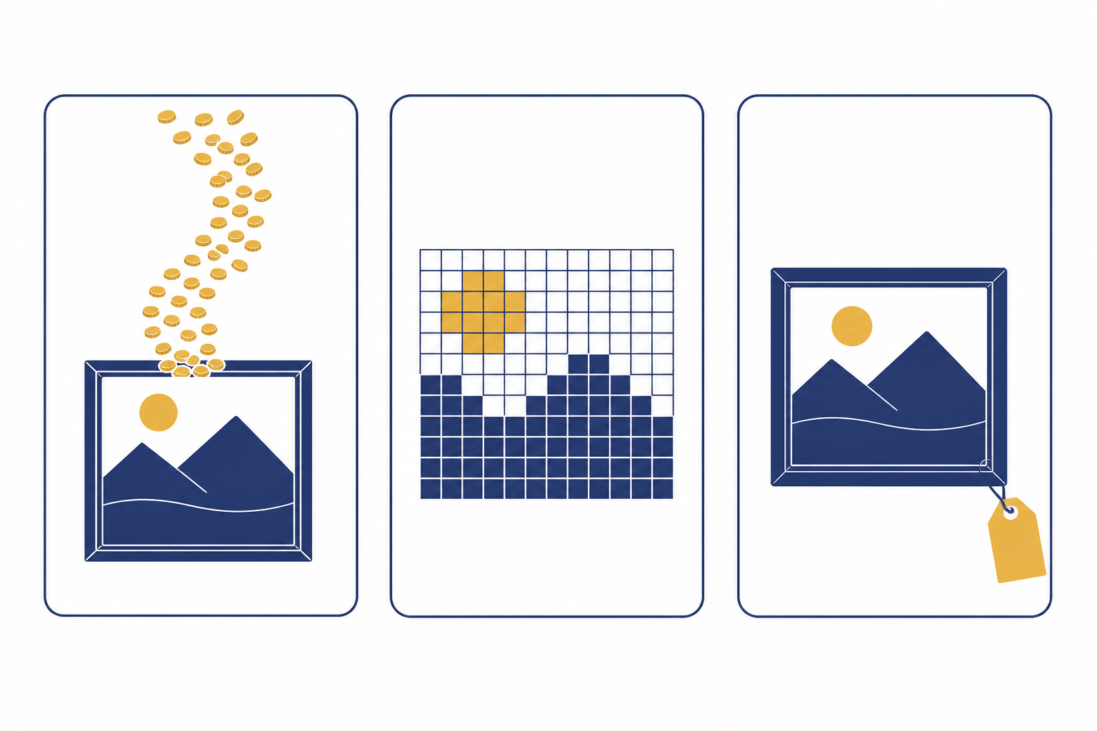 Conceptual diagram of three incompatible billing meters for AI images: coins as tokens, a pixel grid, and a single framed picture with a price tag