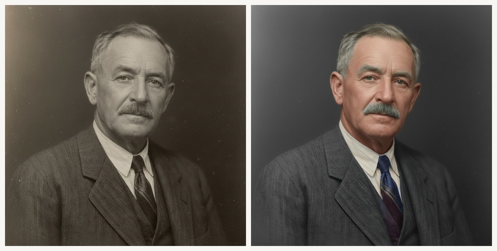 Side-by-side of the sharpened black-and-white portrait (left) and the colorized result with muted 1940s palette, gray hair and charcoal suit (right)
