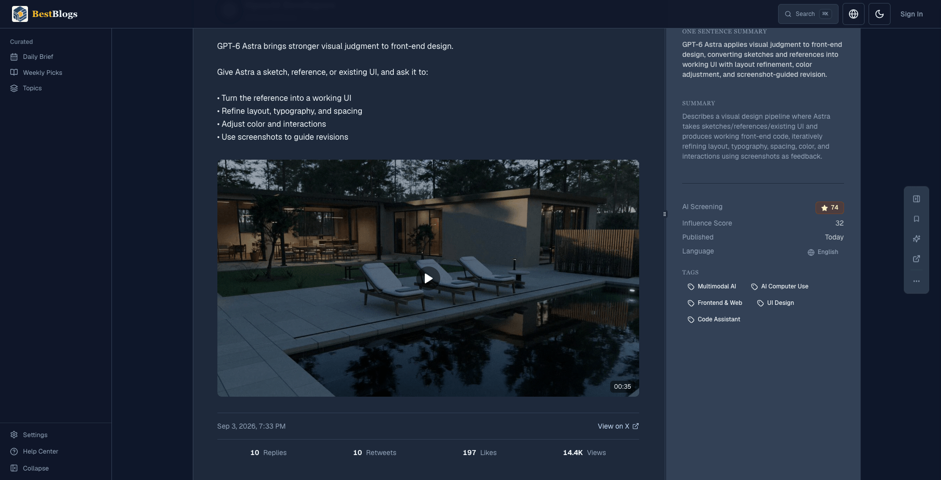 Screenshot of OpenAI Developers' announcement of GPT-6 Astra front-end design capabilities: turning a sketch or reference into working UI, refining layout, typography, spacing, color, and interactions
