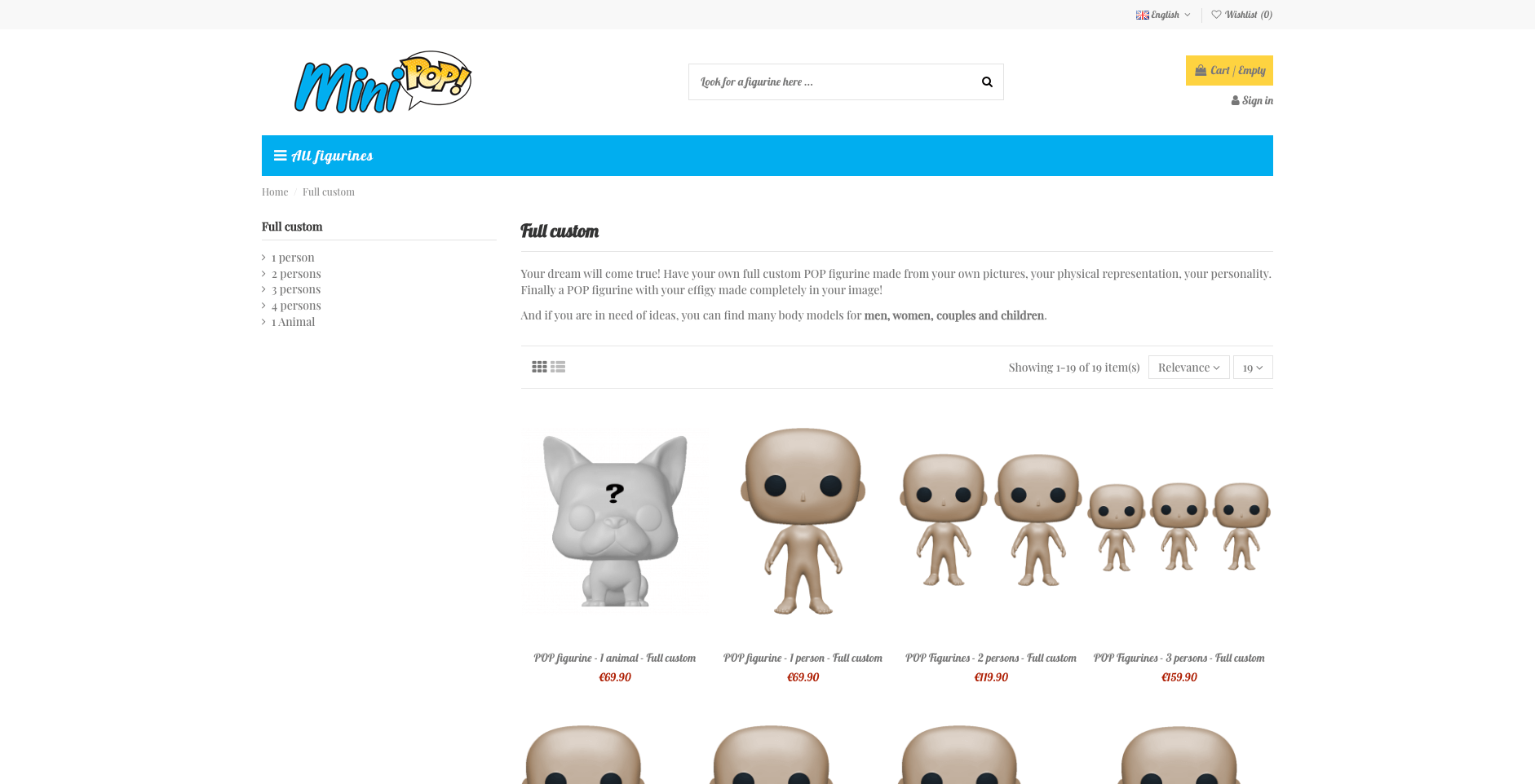 Mini-Pop's storefront listing custom Pop-style figurines with euro prices, including a full-custom one-person figure
