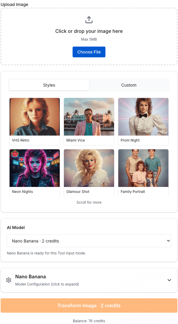 The Retro 80s Style Generator workspace with the upload box, nine style themes, and the model list showing credit costs