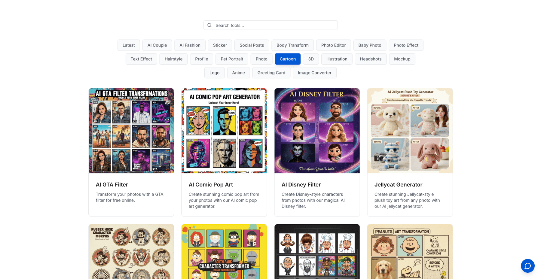 SketchTo 卡通工具分类页,列出 AI GTA 滤镜、AI 迪士尼滤镜、AI 夸张漫画生成器等具名 AI 风格生成器