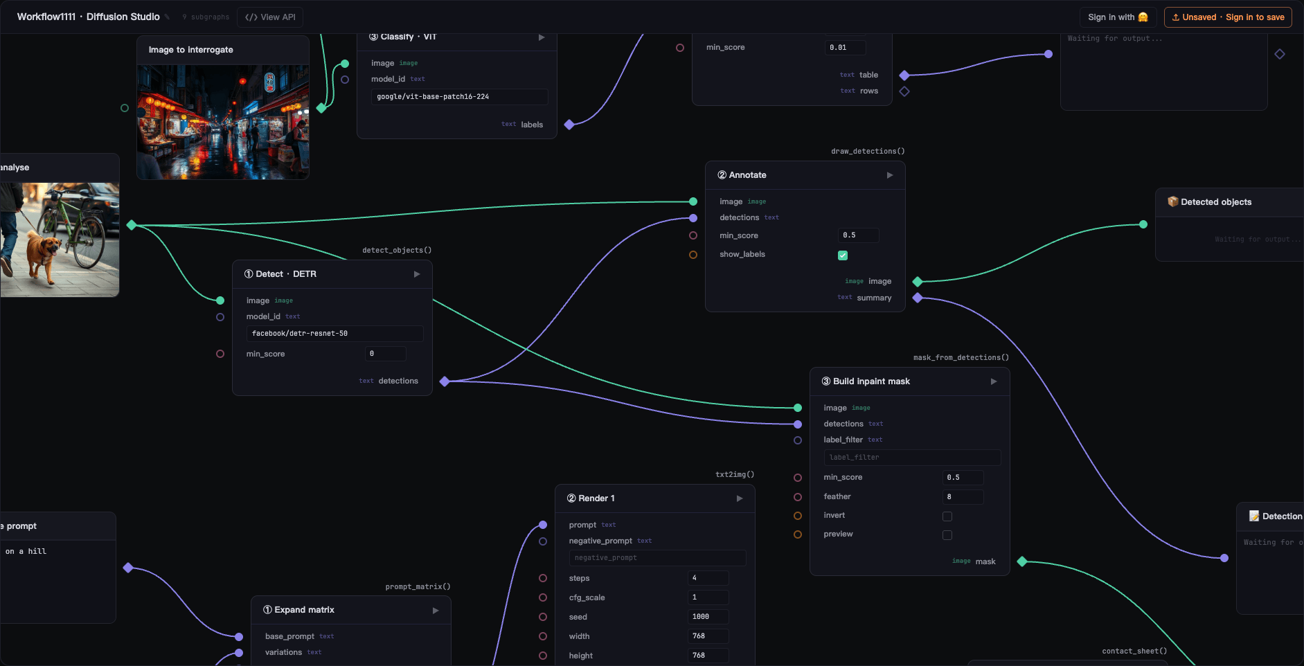 The Workflow1111 node canvas on Hugging Face showing the detection-to-inpaint-mask and background removal pipelines among the rebuilt AUTOMATIC1111 workflows