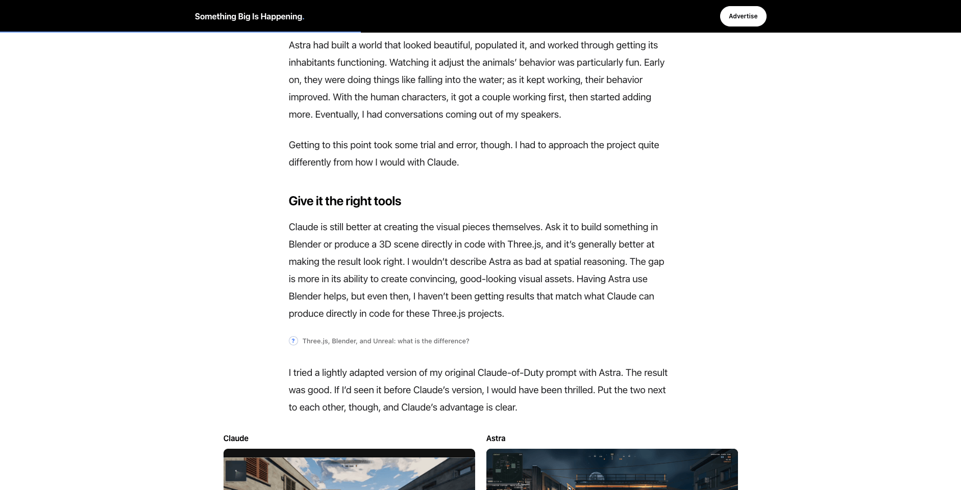 Matt Shumer 的 GPT-6 Astra 实测文章截图：他指出 Claude 在 Blender 和 Three.js 中创作令人信服的视觉素材方面仍然更强