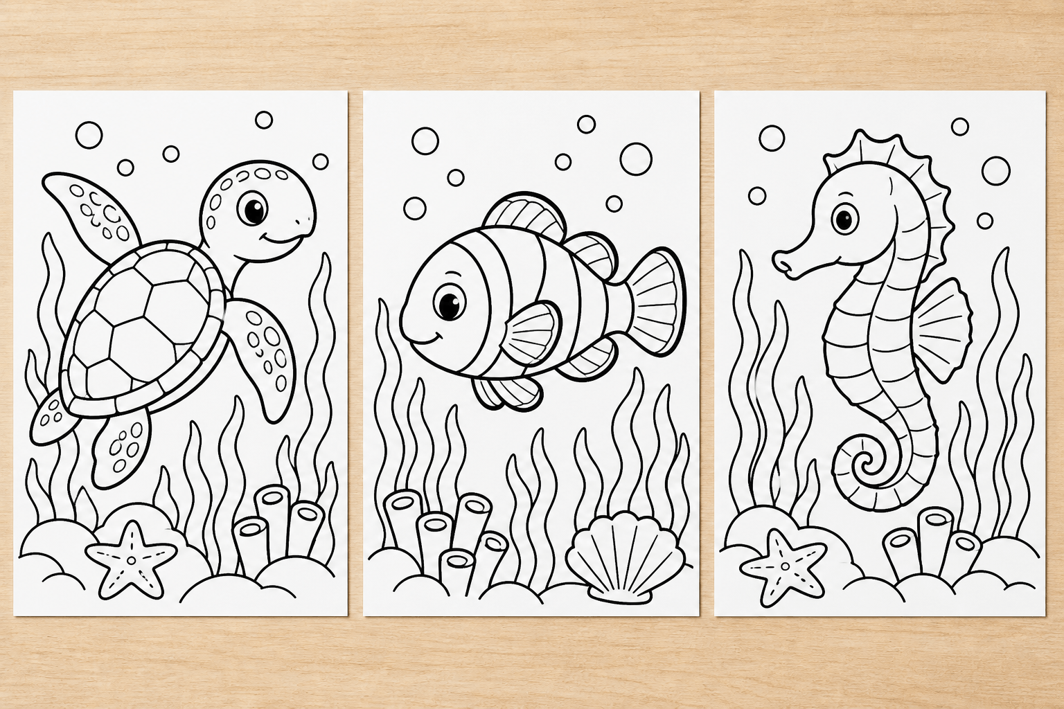 Three matching under-the-sea coloring pages with identical line weight: a sea turtle, a clownfish, and a seahorse