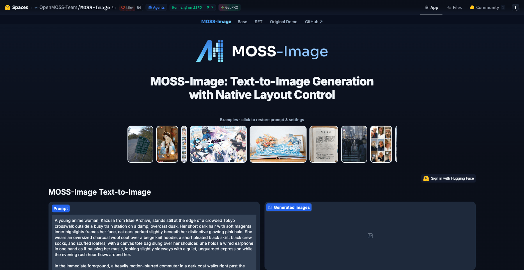 Screenshot of the official MOSS-Image Hugging Face Space demo with its Gradio prompt and settings interface