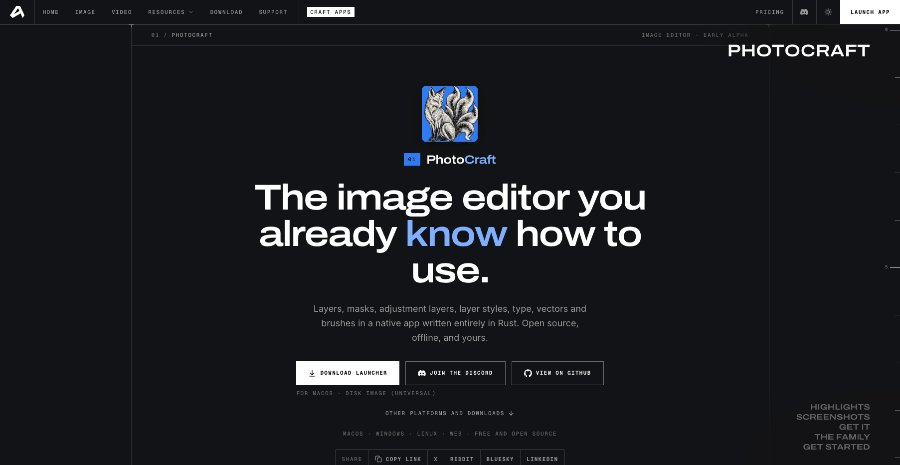 getartcraft.com 上的 PhotoCraft 官方下载页,含 macOS 磁盘映像下载按钮和其他平台的入口