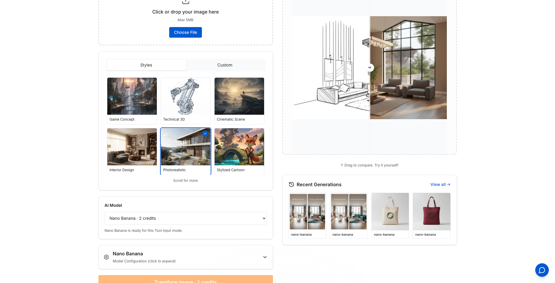 SketchTo's Sketch to Render tool page showing the sketch upload area, style presets, and the model picker with per-model credit costs