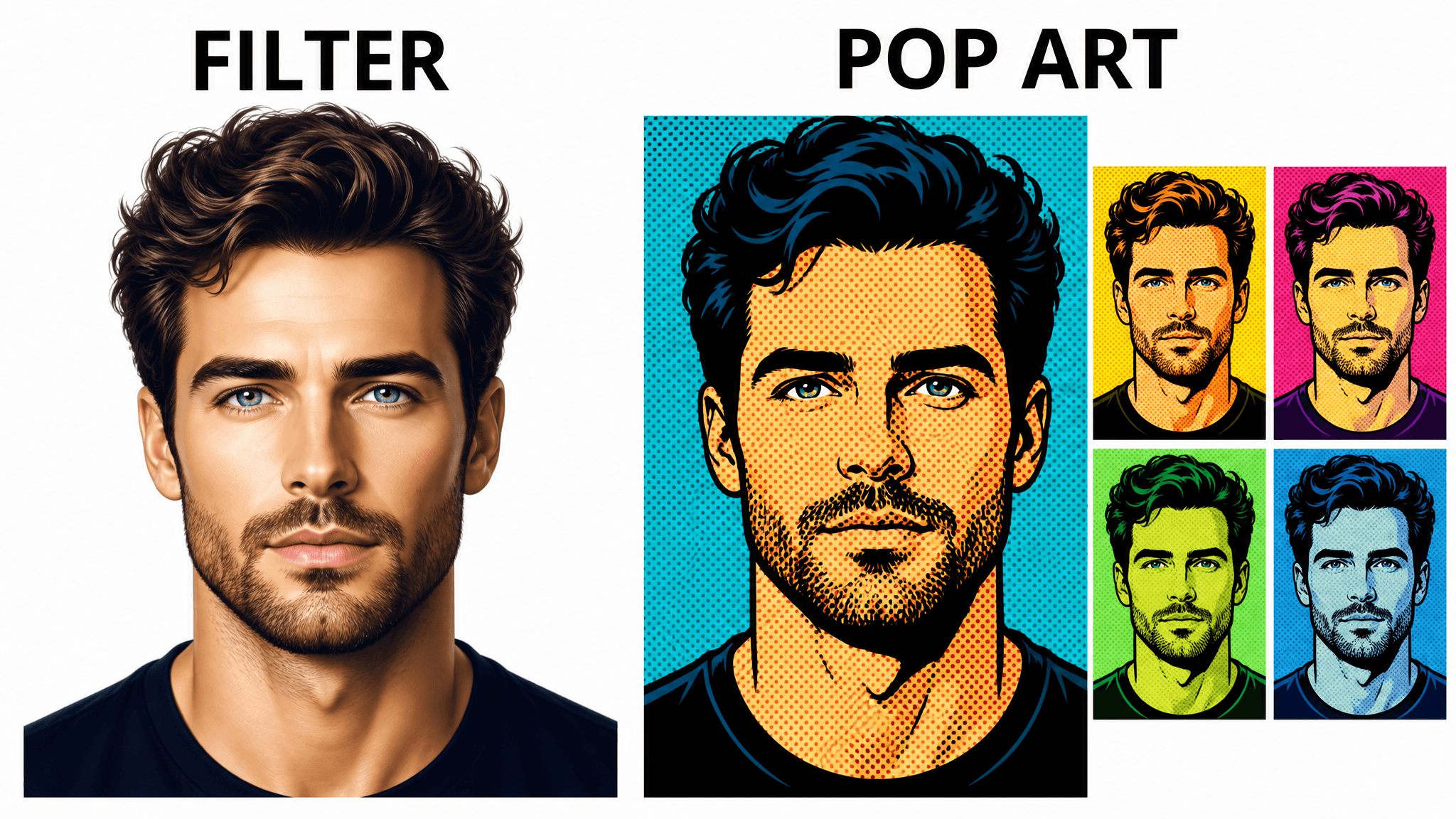 Editorial diagram comparing two portrait treatments: a smooth color-graded filter look on the left versus a pop art construction with flat color blocks, halftone dots and a four-panel grid on the right