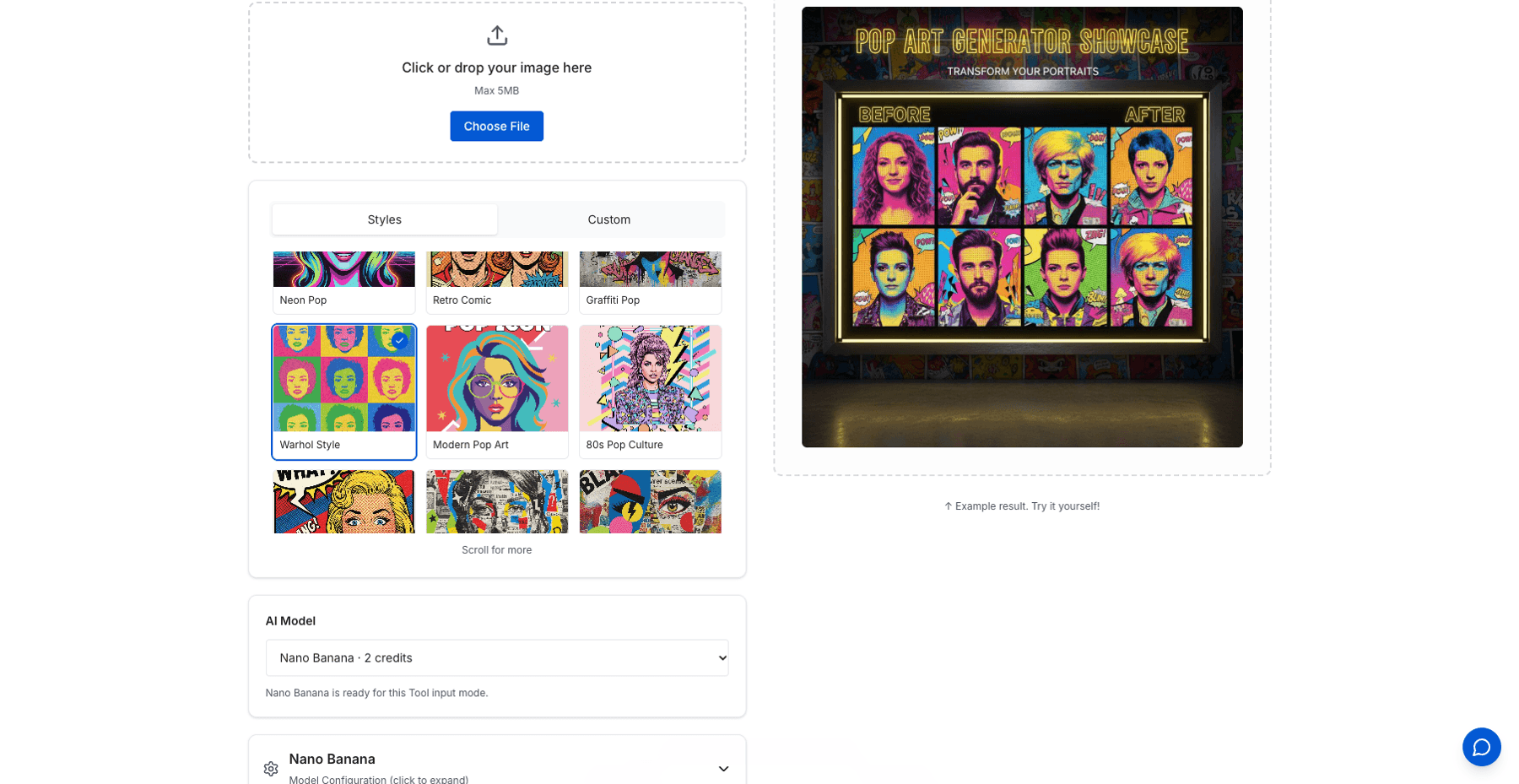 The style preset picker on SketchTo's Pop Art Collage tool page, showing options including Warhol Style