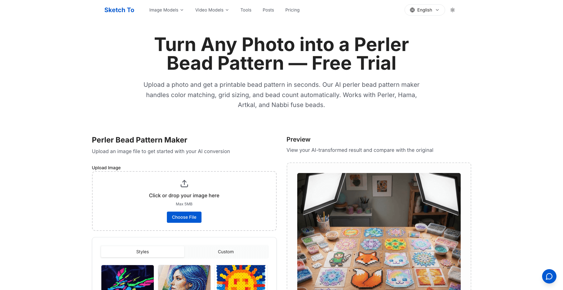 SketchTo 的 Perler Bead Pattern 工具页,可将照片转换为支持 Perler、Hama、Artkal、Nabbi 品牌的可打印拼豆图纸