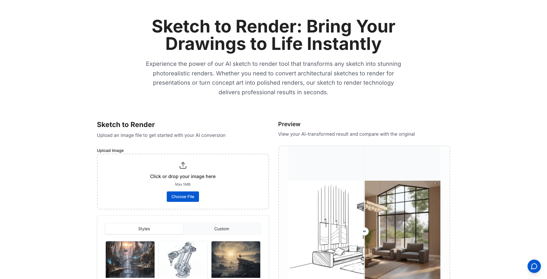 The Sketch to Render interface showing the upload area, style presets, and the sketch-versus-render compare preview