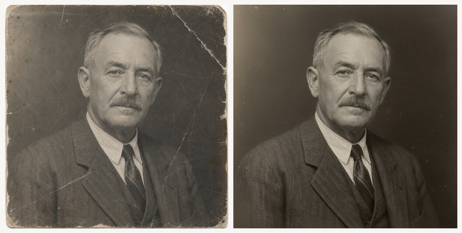 Side-by-side of the synthetic damaged black-and-white portrait with scratches and creases (left) and the repaired output with clean surface and recovered contrast (right)