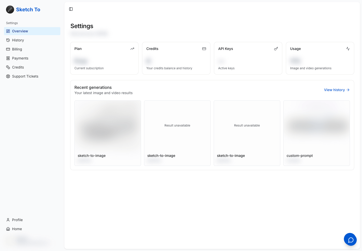 Privacy-redacted SketchTo Settings overview with History and Credits navigation