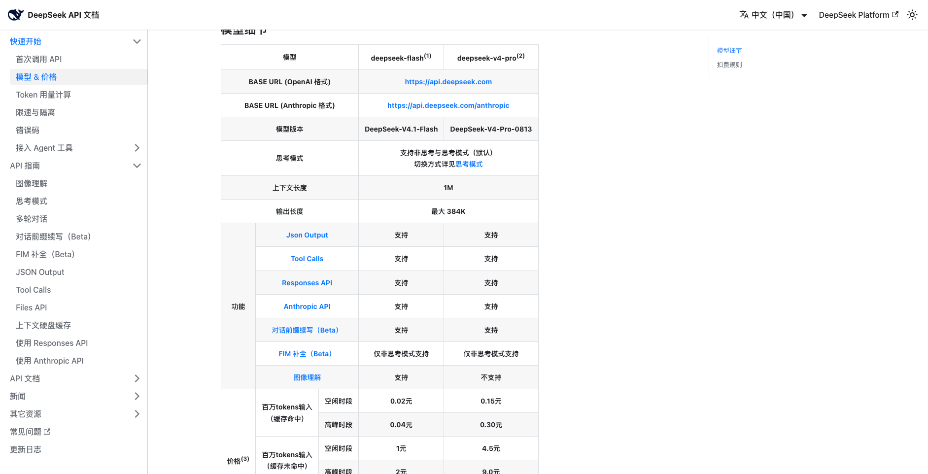 DeepSeek official pricing page showing deepseek-flash token prices and the image understanding capability row