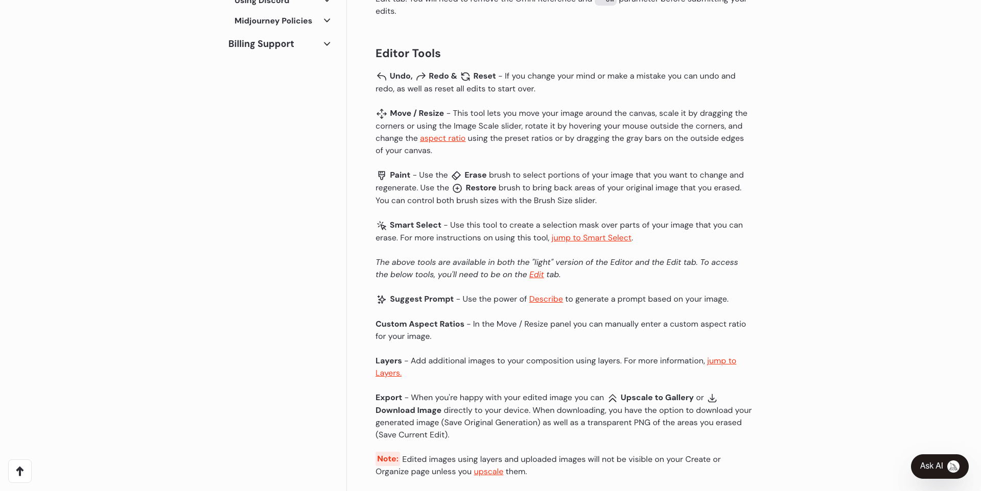 Midjourney's official Editor documentation describing the Erase and Restore brushes and Smart Select mask tools now powered by the V8.X edit model.