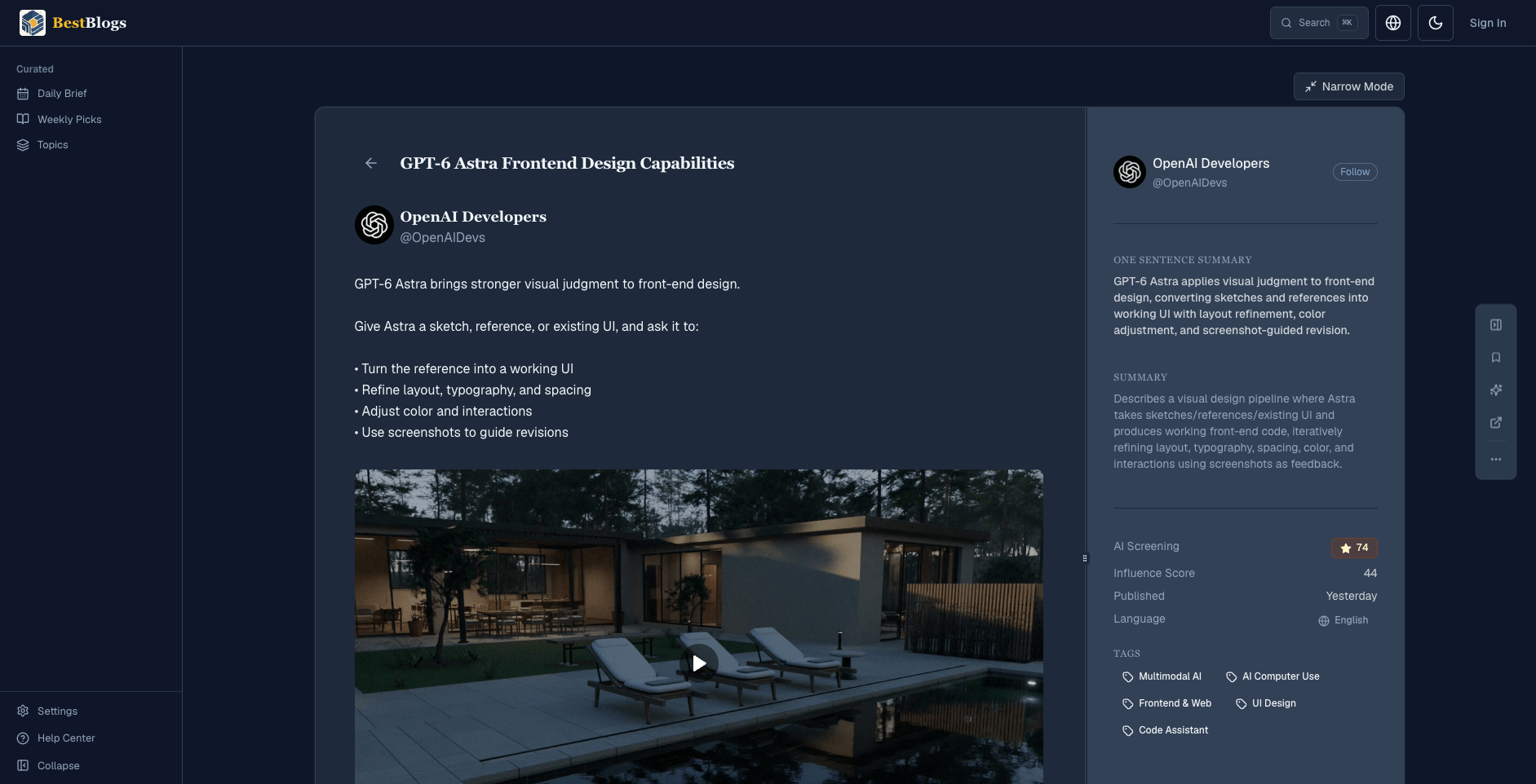 OpenAI 开发者账号关于 GPT-6 Astra 前端设计能力的帖子截图：把草图或参考稿变成可运行 UI，调整布局、字体排印、间距、配色与交互
