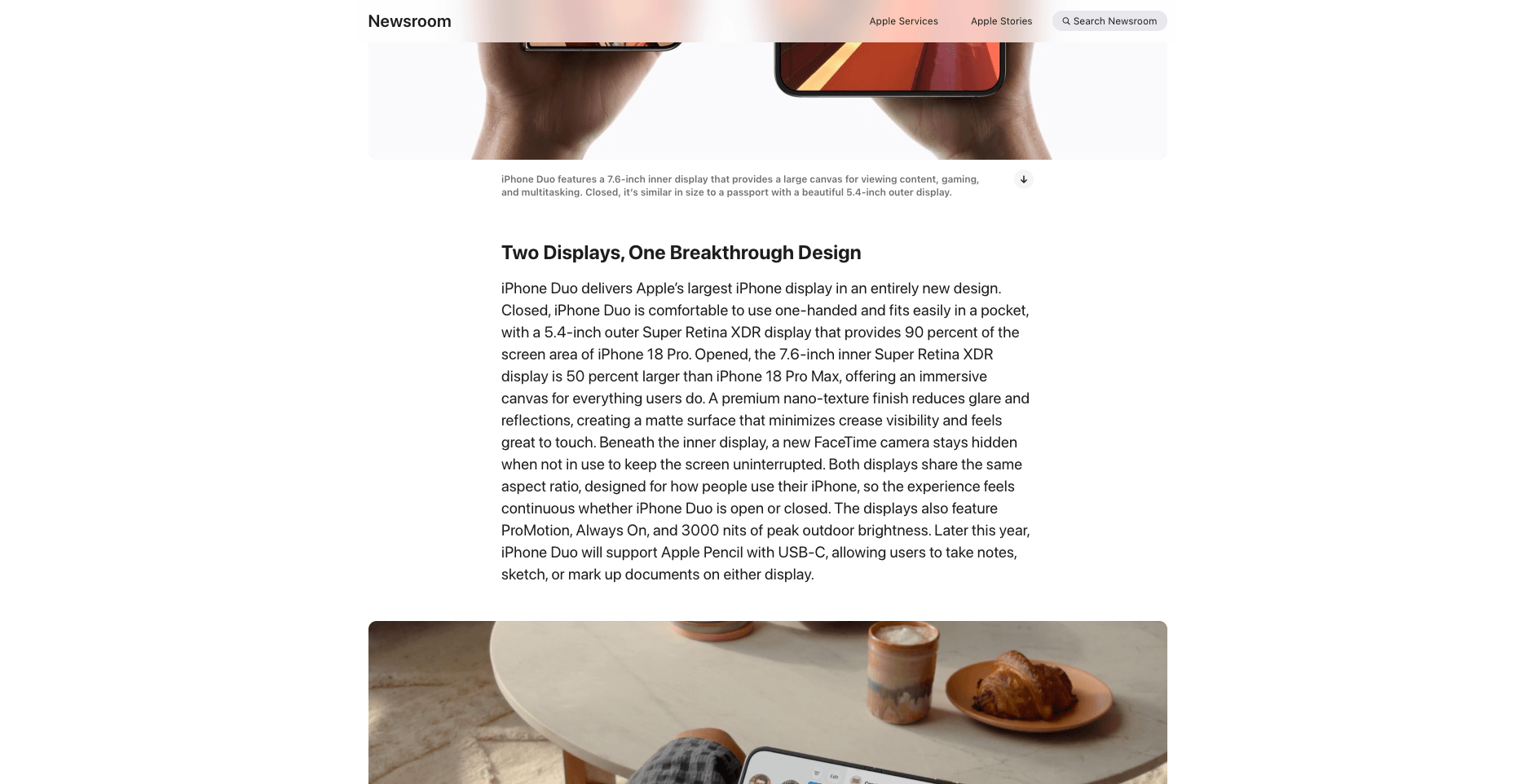 Apple's announcement page describing the iPhone Duo's 7.6-inch inner display and upcoming Apple Pencil support