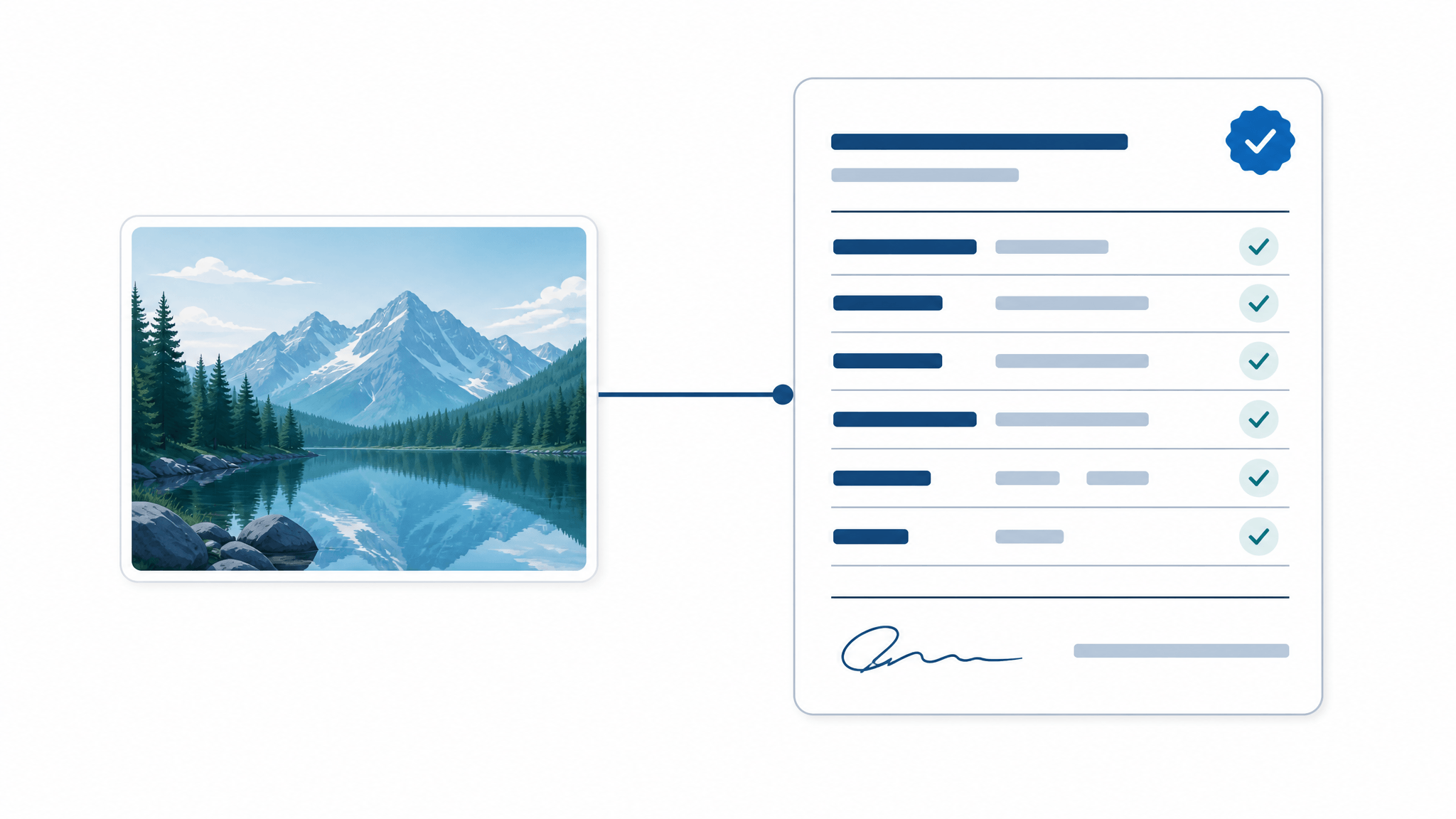 Conceptual diagram of a digital image file with an attached provenance panel resembling a nutrition facts label, illustrating how C2PA content credentials record an image's origin and edits
