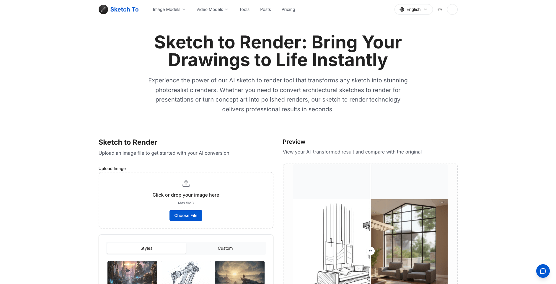 SketchTo's Sketch to Render tool page: image upload area, style presets such as Photorealistic and Architectural Exterior, and a model picker priced in credits