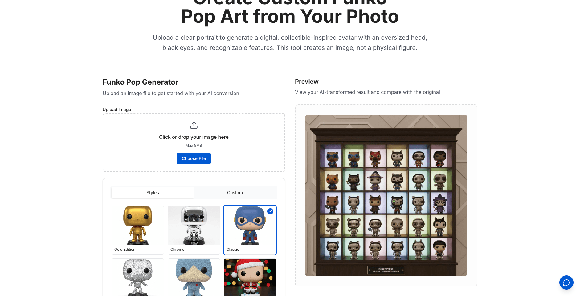 The SketchTo Funko Pop generator page with the photo upload area, style preset selector, and AI model options