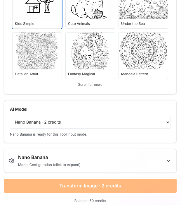 SketchTo's drawings-for-coloring tool page: style presets, model picker with per-model credit costs, and the transform button