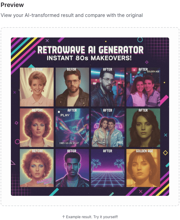 The preview panel of the Retro 80s Style Generator showing an example 80s portrait result