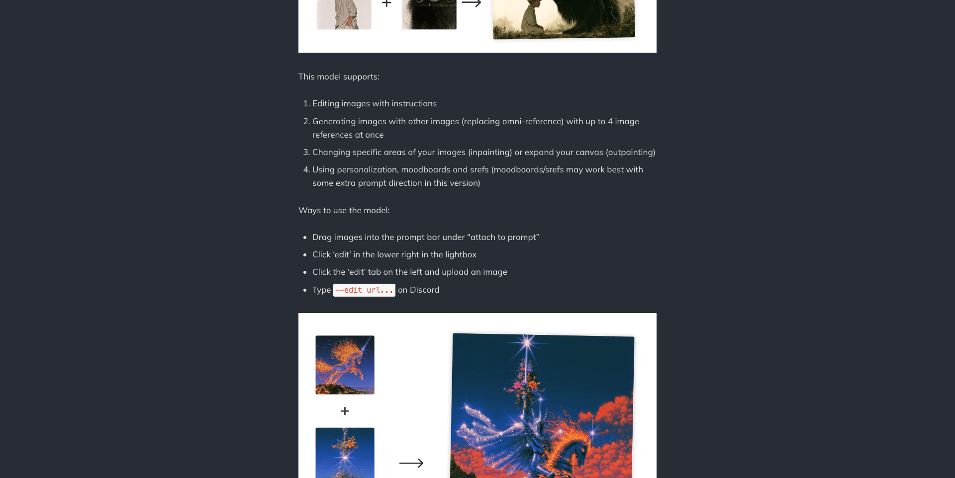 Midjourney's official announcement page listing the V8.2 edit model capabilities: instruction editing, up to 4 image references, inpainting and outpainting, and moodboard support.