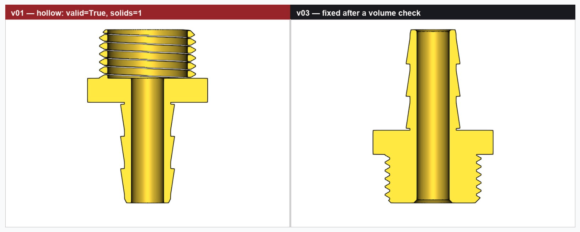 ModelRift 基准渲染:CadQuery T3 软管接头,左侧第 1 版因布尔静默失败而中空(valid=True, solids=1),右侧为经体积检查修复后的第 3 版