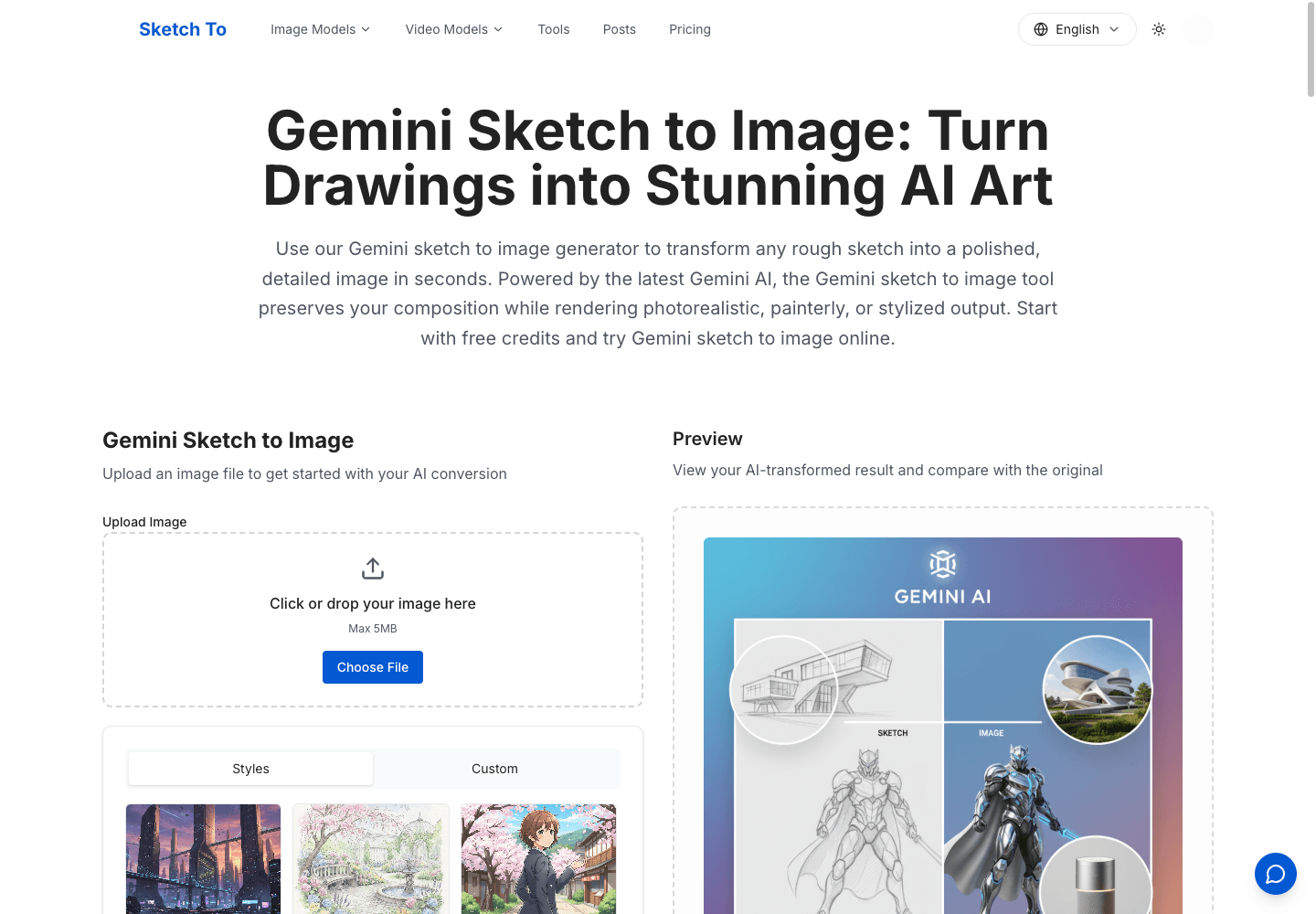 SketchTo Gemini Sketch to Image editor with upload, style, model, and credit controls