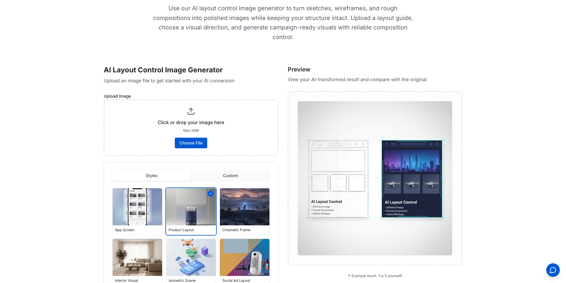 SketchTo's AI Layout Control Image Generator editor with the image upload area and layout intent presets such as App Screen, Product Layout, and Social Ad Layout
