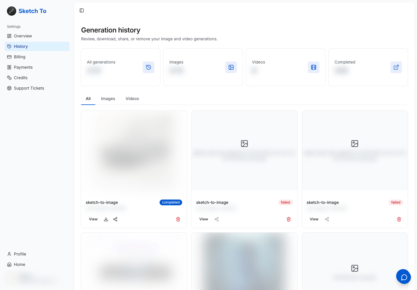 Privacy-redacted SketchTo History showing generation filters, statuses, and item actions