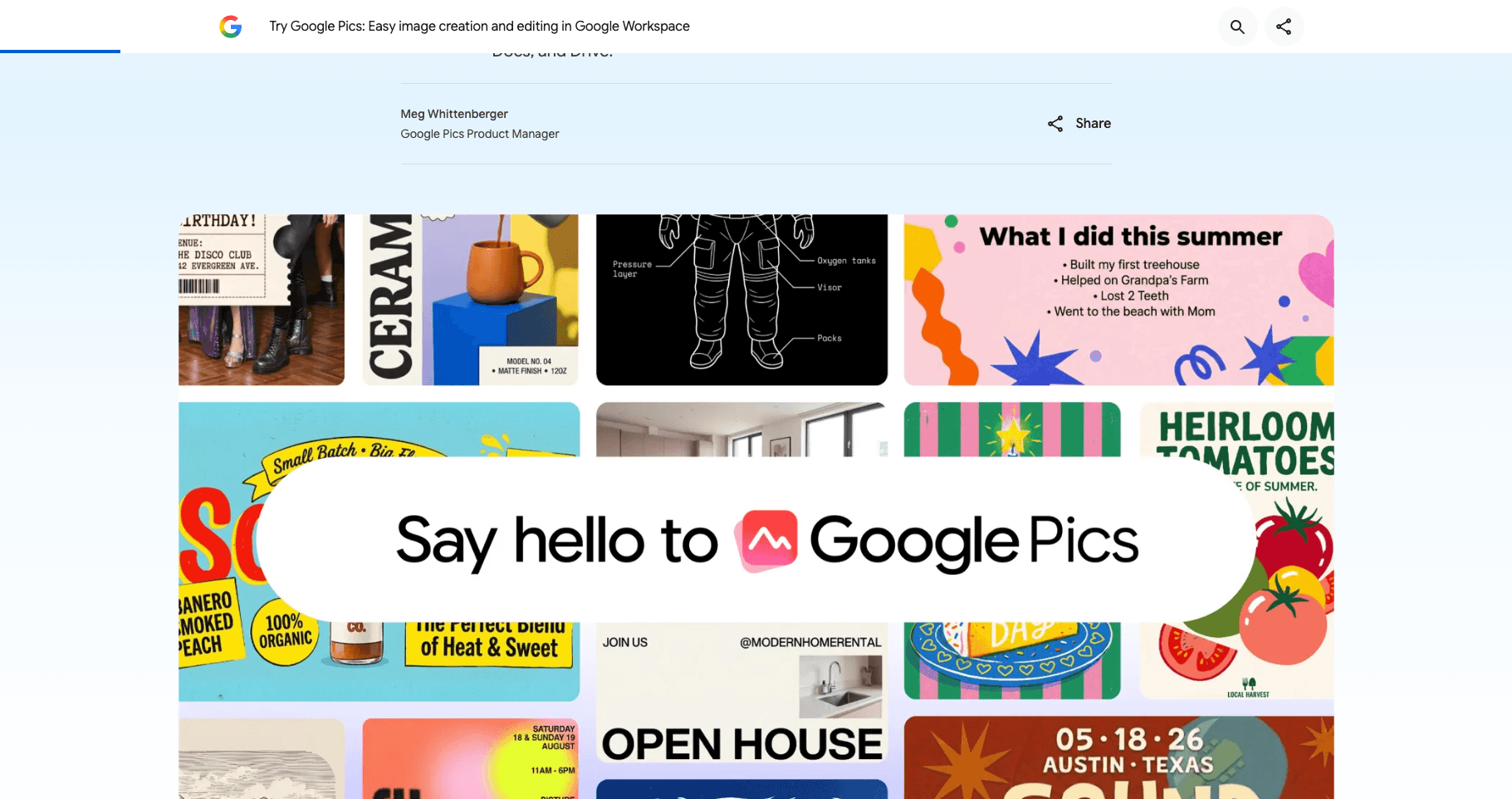 Google 官方关于 Google Pics 的发布公告页面，Google Workspace 的图像创作与编辑工具